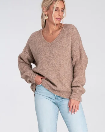 Pulover dama,  supradimensionat, decolteu in V, bej, tricotaj sintetic