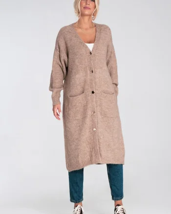 Cardigan lung  maro, tricotat, cu nasturi, croi lejer, buzunare, acril poliester