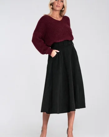 Fusta midi  neagra, evazata, cu curea, material sintetic