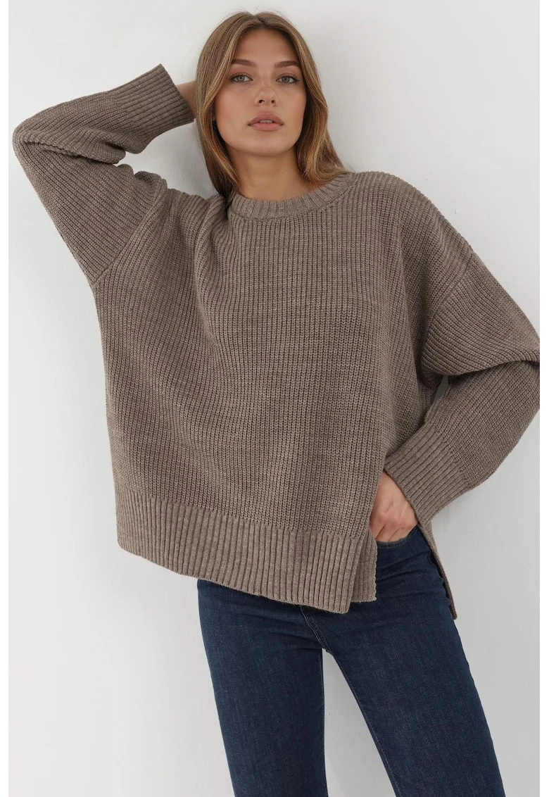 Pulover dama,  tricotat texturat, guler rotund, bej, material acrilic
