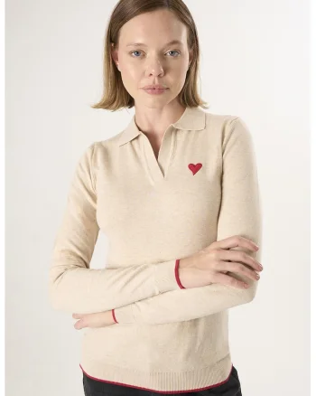 Pulover polo cu terminatie contrastante, Bej
