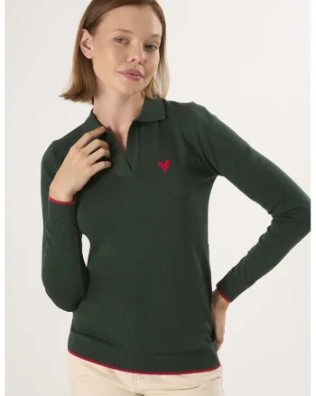 Pulover polo cu terminatie contrastante, Verde inchis
