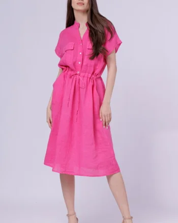 Rochie de vara midi din in cu buzunare si siret in talie, fucsia
