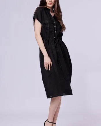 Rochie de vara midi din in cu buzunare si siret in talie, neagra
