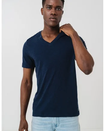 Tricou din bumbac cu decolteu in V, Bleumarin