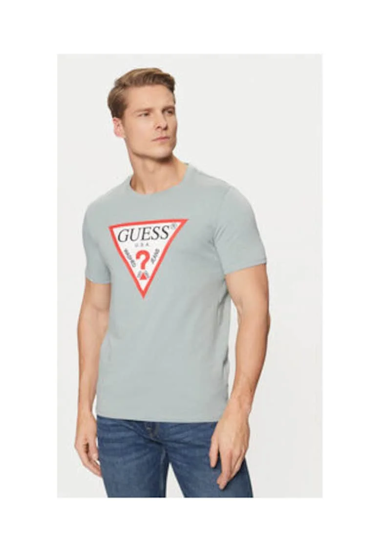 Tricou bumbac cu decolteu la baza gatului si logo, Gri deschis