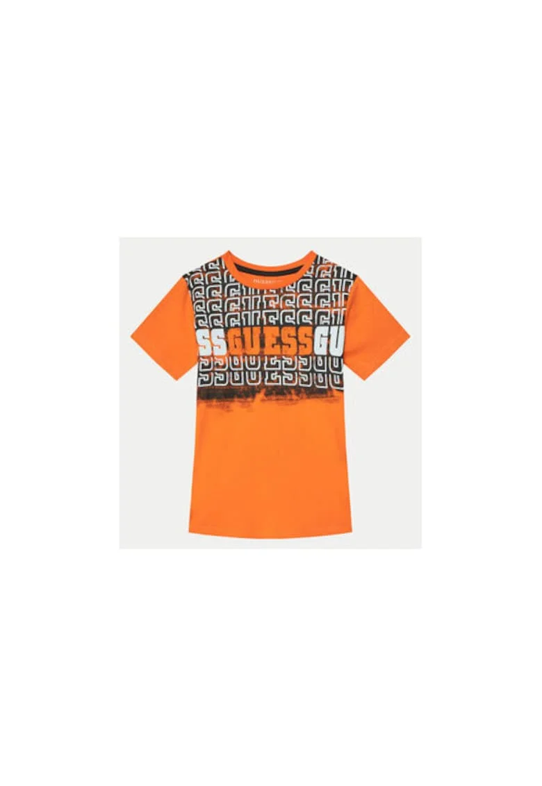 Tricou bumbac cu imprimeu logo si decolteu la baza gatului, Portocaliu mandarina