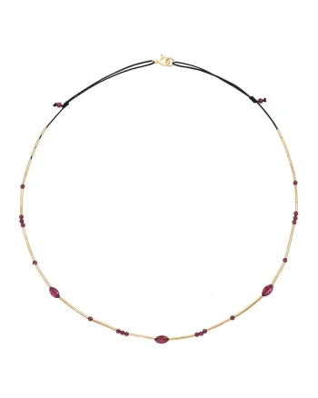 Colier filat cu aur de 14K/20 si piatra garnet, Auriu/Negru/Rosu inchis