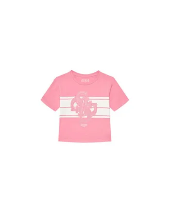 Tricou din amestec de bumbac organic cu logo din strasuri, Roz