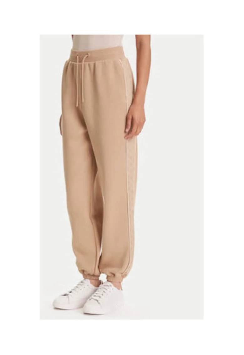 Pantaloni de trening de cu benzi logo laterale, talie cu snur si mansete elastice, Bej nisip