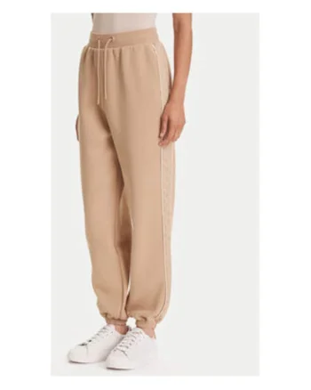 Pantaloni de trening de cu benzi logo laterale, talie cu snur si mansete elastice, Bej nisip