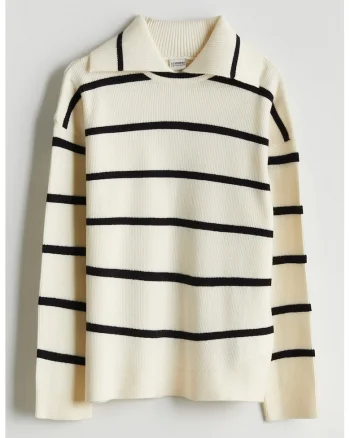 Bluza polo cu model in dungi, Alb fildes/Negru