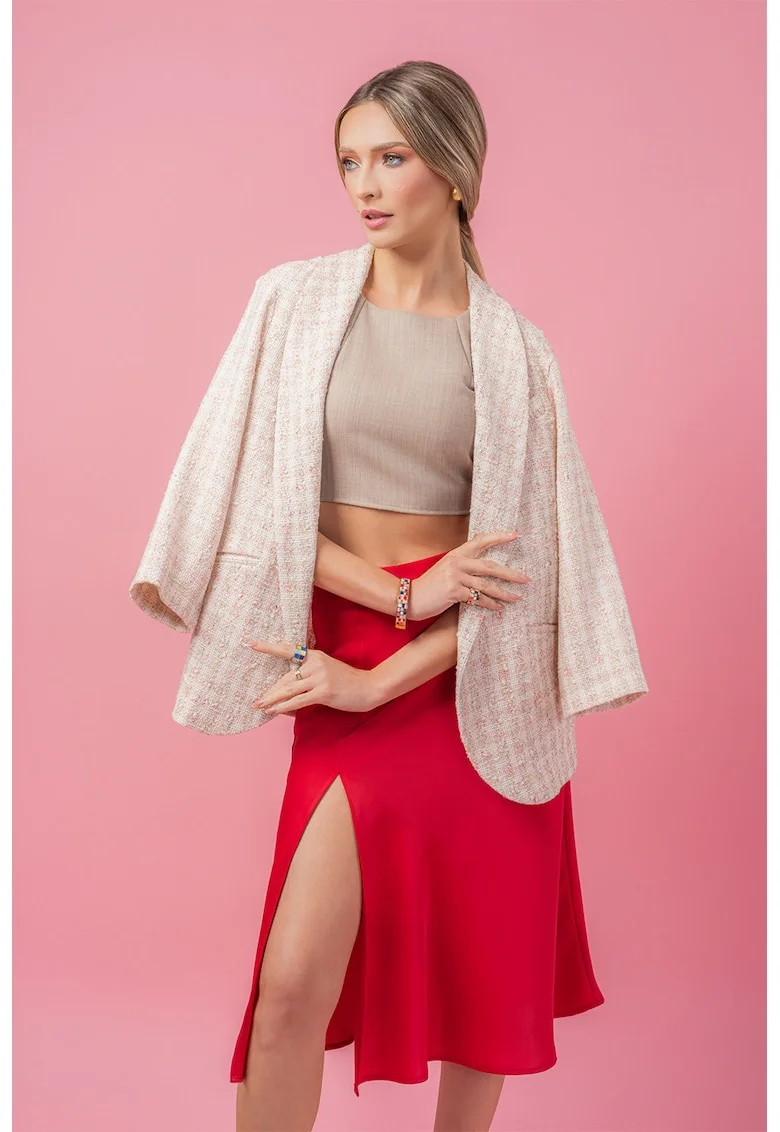 Sacou texturat cu model in carouri, Alb/Roz pastel