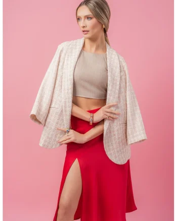 Sacou texturat cu model in carouri, Alb/Roz pastel