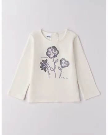 Bluza cu decolteu rotund si model floral, Crem