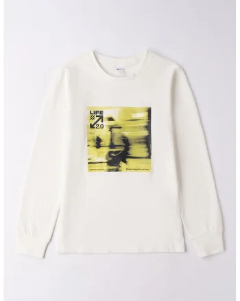Bluza cu imprimeu si decolteu la baza gatului, Galben/Crem