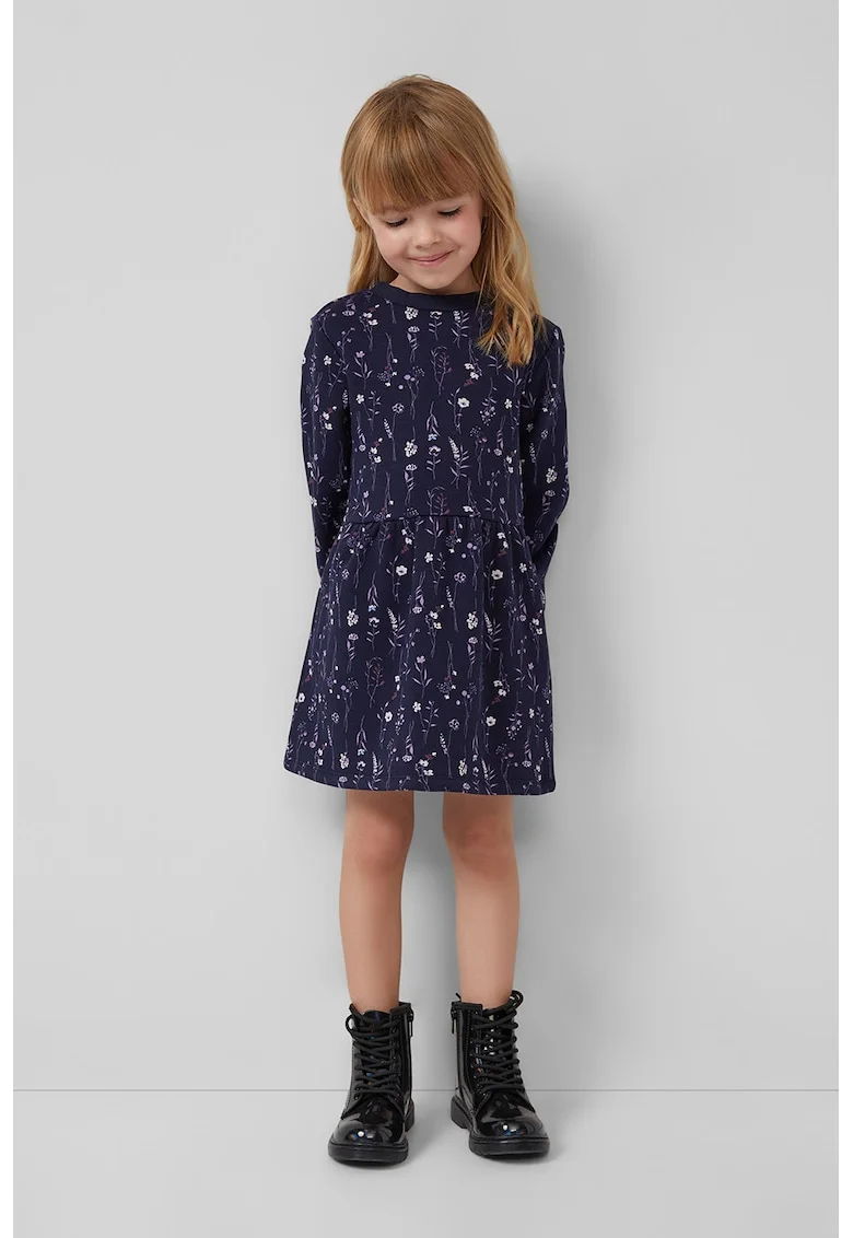 Rochie cu decolteu la baza gatului si model floral, Lila/Albastru indigo