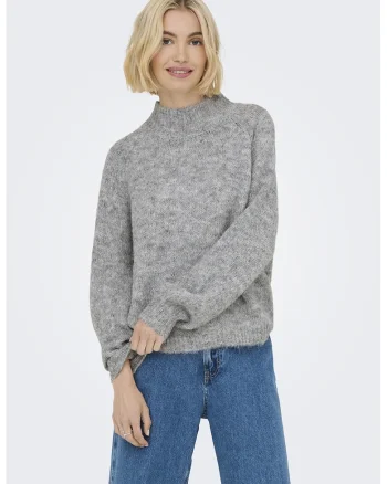 Pulover din amestec de lana cu guler inalt, Gri melange
