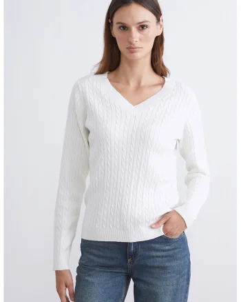 Pulover slim fit cu decolteu in V, Alb