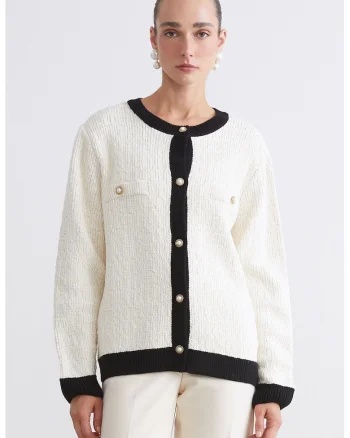 Cardigan cu nasturi bijuterie, Crem