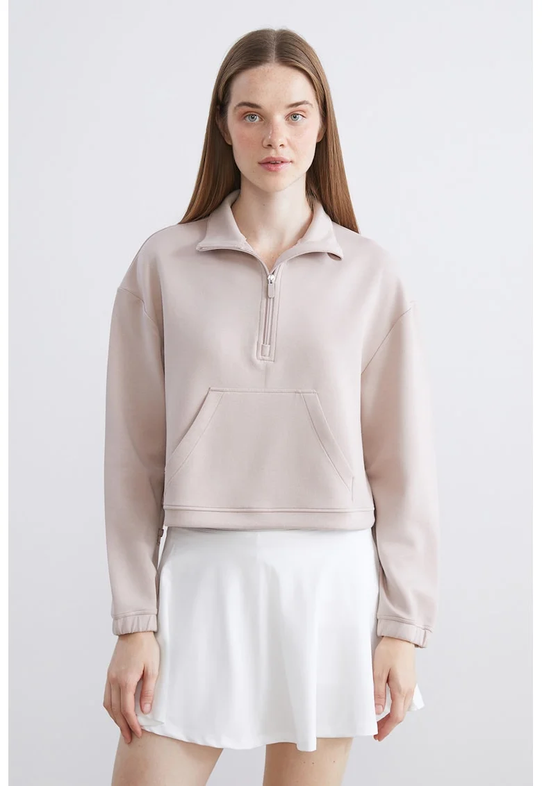 Bluza de trening crop cu fermoar scurt si talie ajustabila, Roz pal