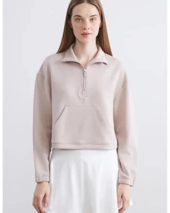 Bluza de trening crop cu fermoar scurt si talie ajustabila, Roz pal