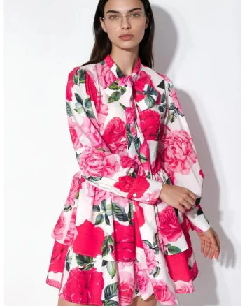 Rochie mini tip camasa,  floral, multicolor, poplin, maneci lungi