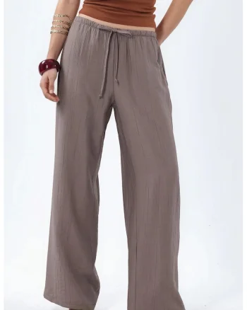 Pantaloni dama,  picior larg, casual, maro nuc, poliester
