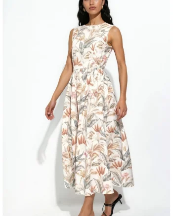 Rochie midi,  A-line, fara maneci, natural, bumbac