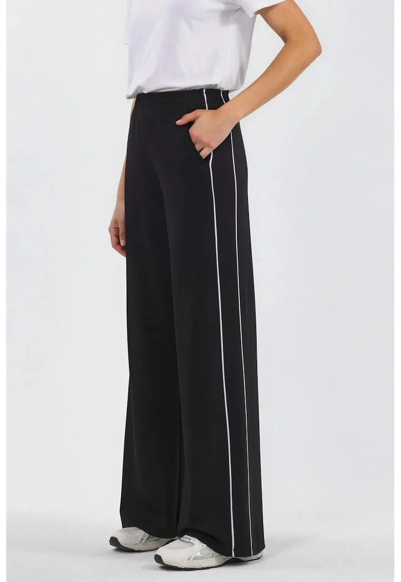Pantaloni dama,  picior larg, detaliu contrastant, negru, modal