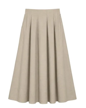 Fusta Midi  talie inalta, bej natural, bumbac