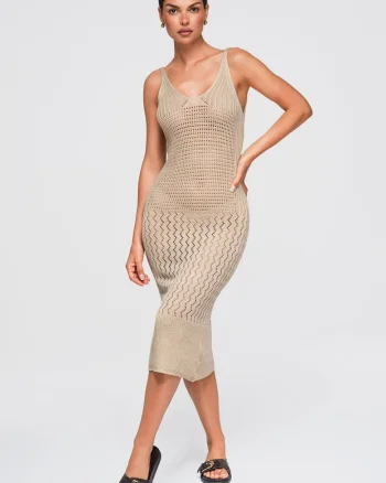 Rochie midi eleganta cu decolteu adanc si detalii OW-DLR-E0002, Bej