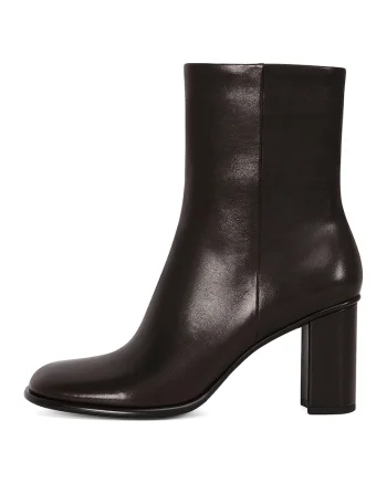 Botine din piele cu toc masiv, Maro inchis