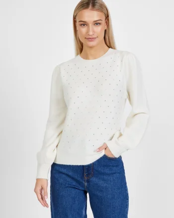 Pulover din amestec de lana cu strasuri si decolteu la baza gatului