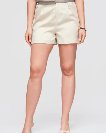 Pantaloni scurti dama cu talie inalta, croi lejer, buzunare laterale, material structurat OW-ST-E0010, Bej