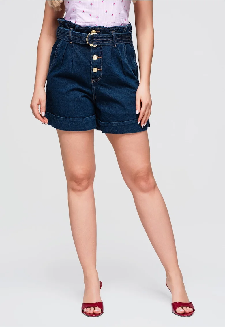 Pantaloni scurti dama cu talie inalta, croi lejer, denim 100% bumbac OW-ST-E0011, Albastru