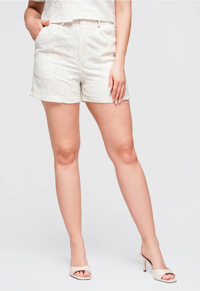 Pantaloni scurti dama slim fit cu broderie talie clasica OW-ST-E0020, Ecru