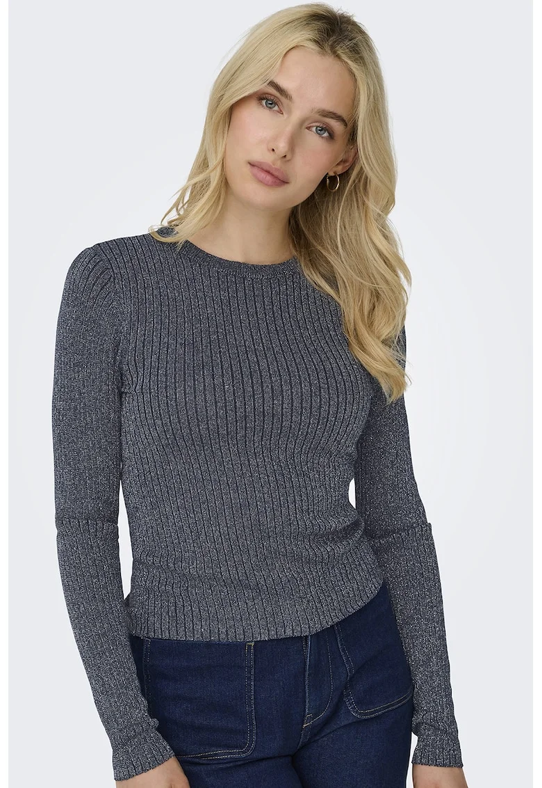 Pulover slim fit cu striatii si detalii stralucitoare, Gri carbune