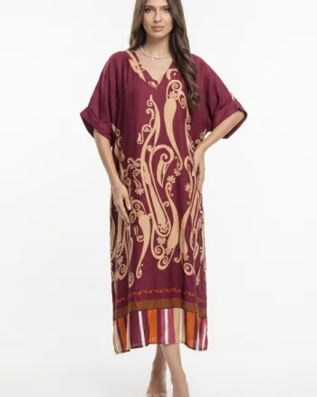 Rochie lunga oversize din vascoza si matase cu imprimeu baroc si croi lejer, bordo
