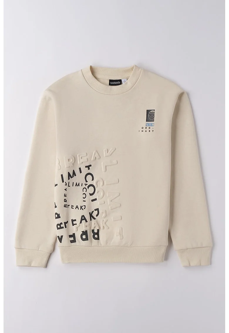 Bluza de trening cu decolteu la baza gatului si model text, Negru/Bej