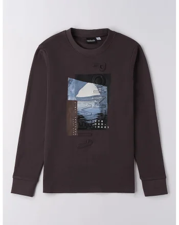 Bluza de bumbac cu imprimeu grafic si decolteu la baza gatului, Alb/Maro cognac/Albastru lavanda