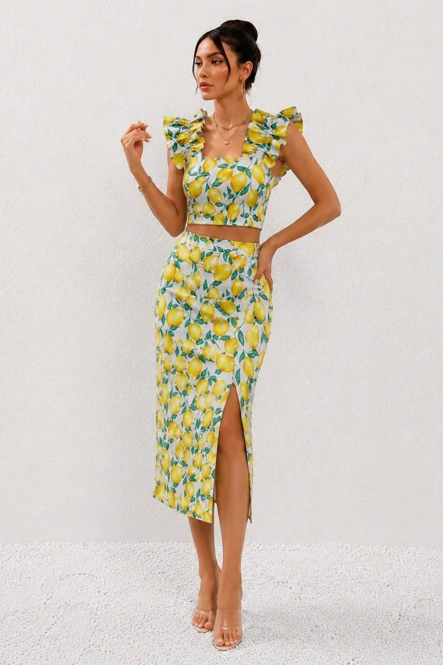 Compleu casual lemon ORLINEA fusta si top crop cu volane, Galben LIME