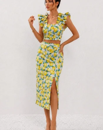 Compleu casual lemon ORLINEA fusta si top crop cu volane, Galben LIME