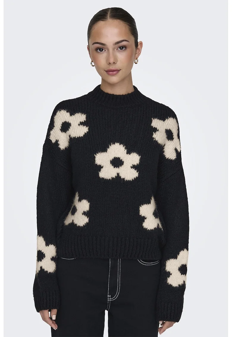 Pulover cu maneci cazute si model floral, Alb fildes/Negru