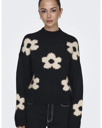 Pulover cu maneci cazute si model floral, Alb fildes/Negru