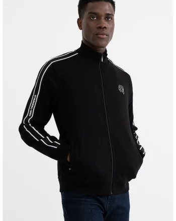 Bluza de trening cu logo si fermoar, Negru/Alb murdar