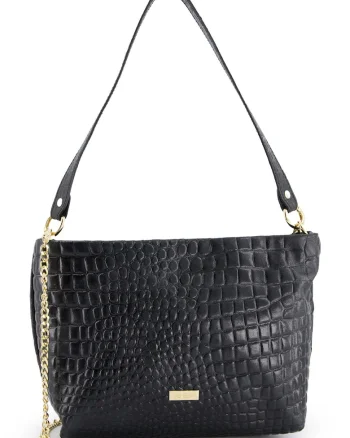 Geanta messenger  din piele intoarsa, neagra, 20x30x11cm, cu lant auriu, curea detasabila 111cm