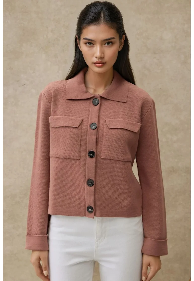 Cardigan,  cu nasturi si buzunare, roz pal, acril