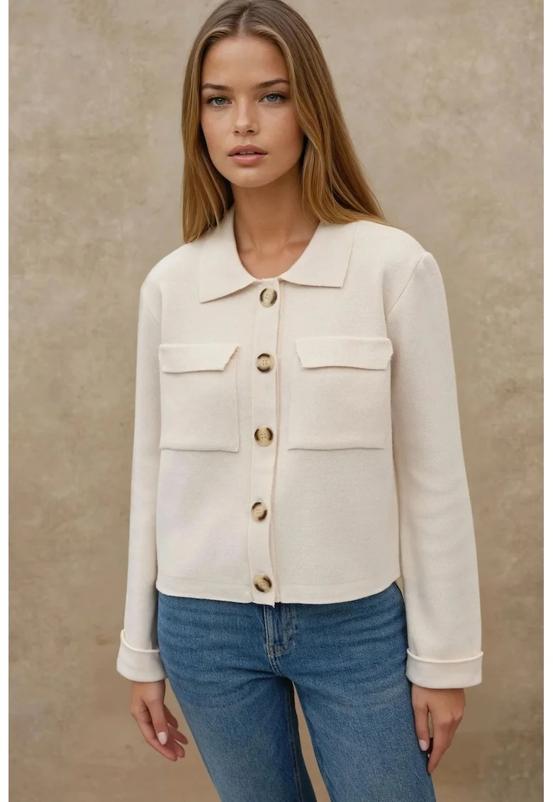 Cardigan,  cu nasturi si buzunare, bej, acril