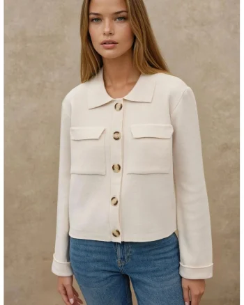 Cardigan,  cu nasturi si buzunare, bej, acril